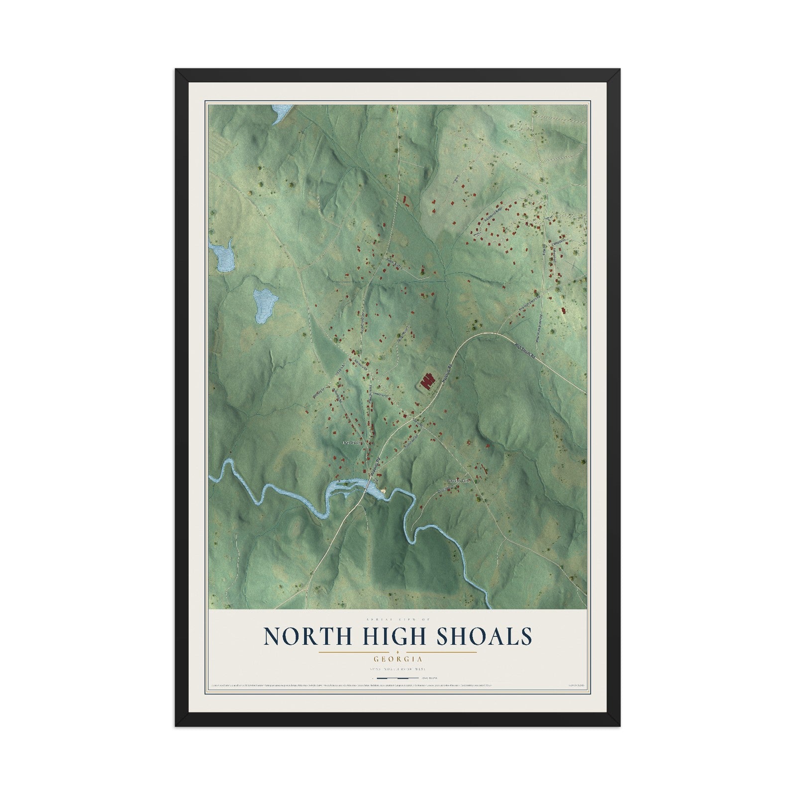 North High Shoals, Georgia map print, 12" x 18" W/ Black Ayous Wood Frame mockup