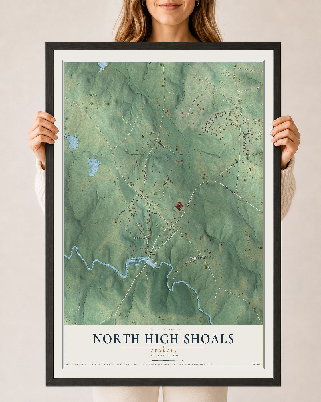 North High Shoals, Georgia map print, 24" x 36" W/ Black Ayous Wood Frame mockup