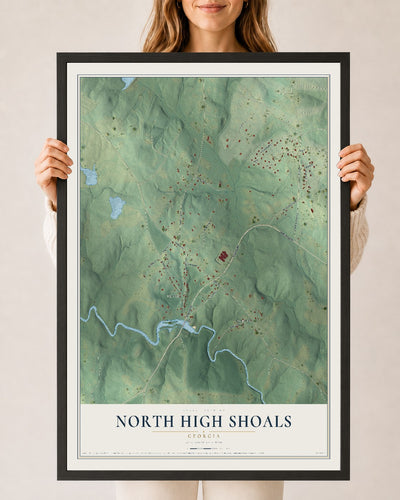 North High Shoals, Georgia map print, 24" x 36" W/ Black Ayous Wood Frame mockup