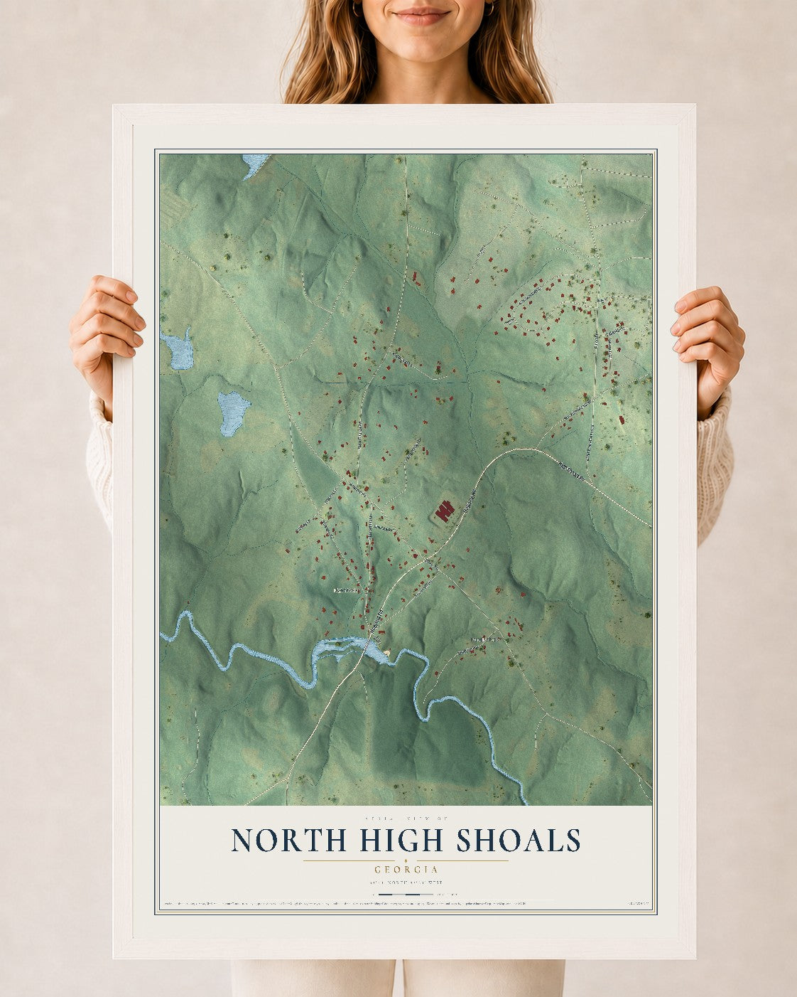 North High Shoals, Georgia map print, 24" x 36" W/ White Ayous Wood Frame mockup