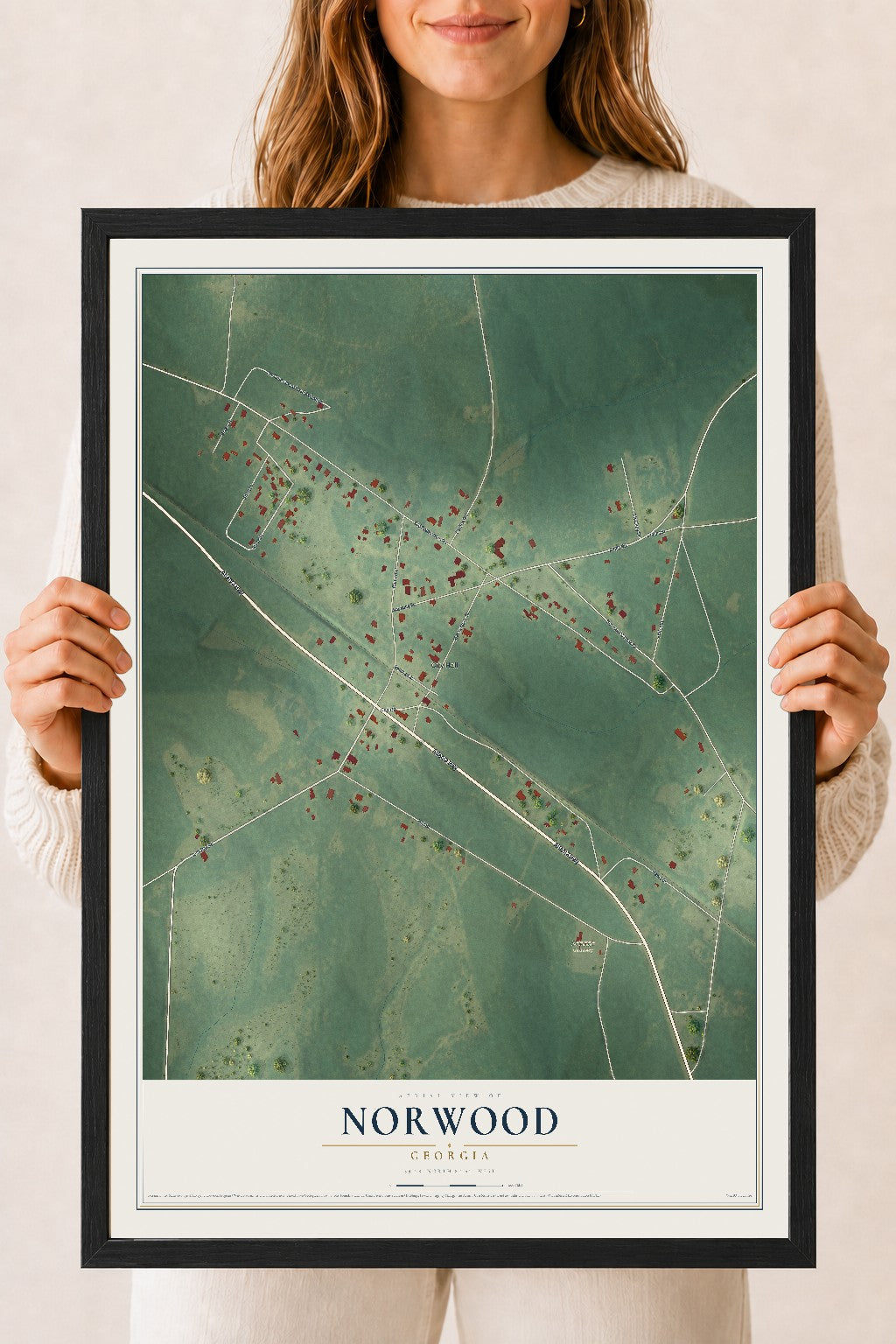 Norwood, Georgia map print, 18" x 24" W/ Black Ayous Wood Frame mockup