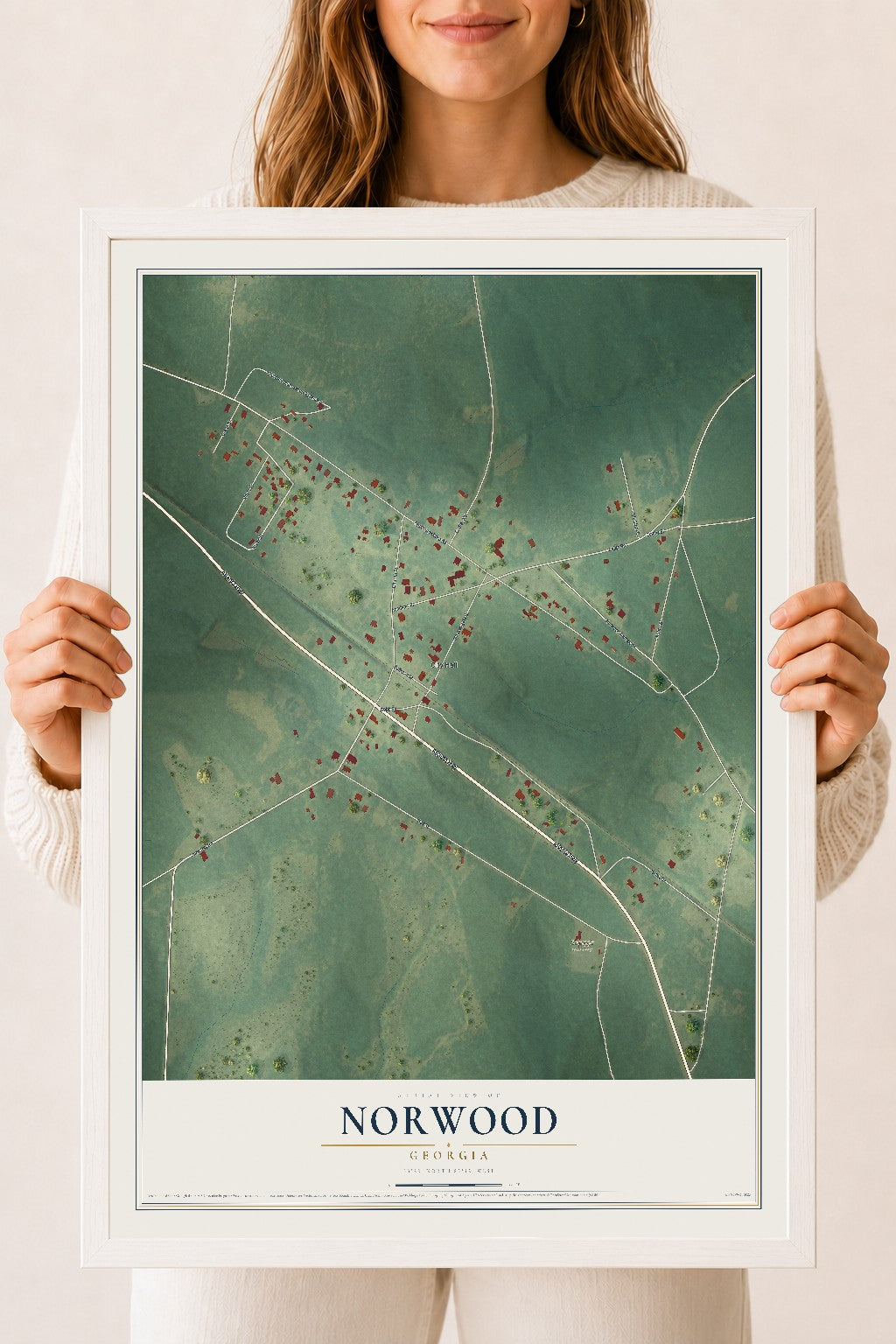 Norwood, Georgia map print, 18" x 24" W/ White Ayous Wood Frame mockup