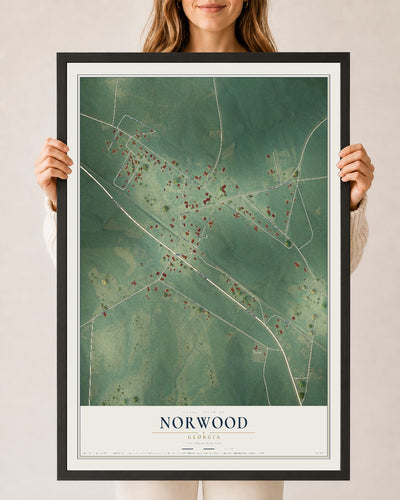 Norwood, Georgia map print, 24" x 36" W/ Black Ayous Wood Frame mockup