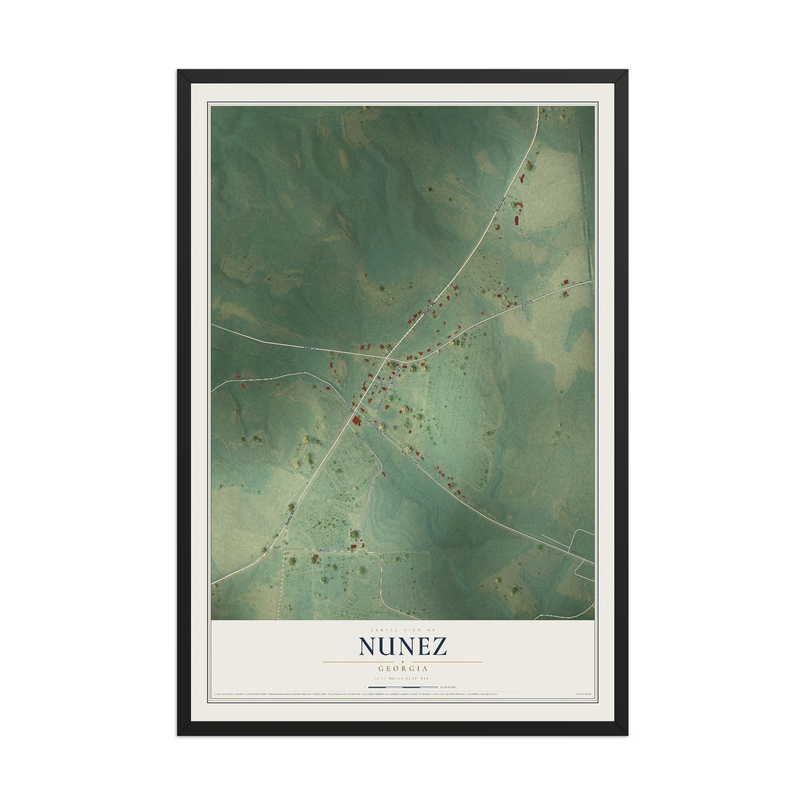 Nunez, Georgia map print, 12" x 18" W/ Black Ayous Wood Frame mockup