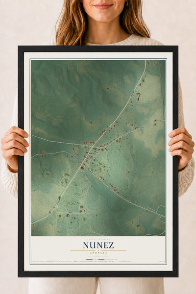Nunez, Georgia map print, 18" x 24" W/ Black Ayous Wood Frame mockup