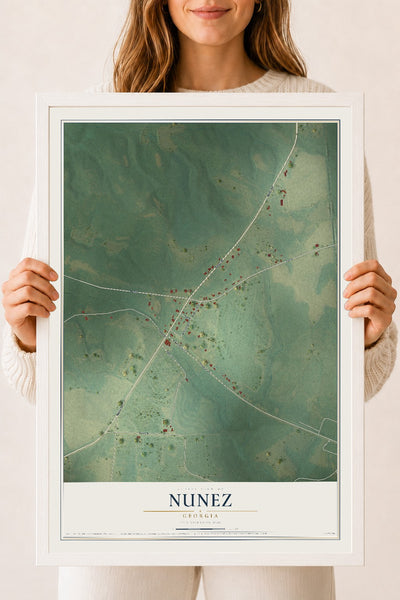 Nunez, Georgia map print, 18" x 24" W/ White Ayous Wood Frame mockup