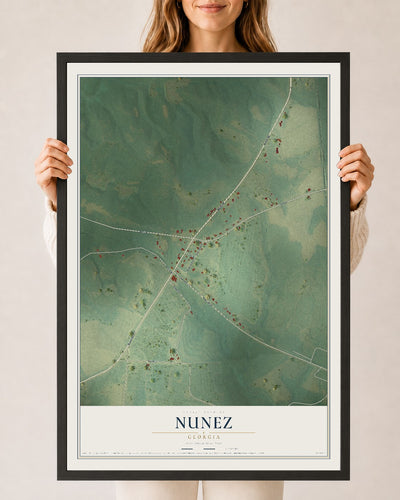 Nunez, Georgia map print, 24" x 36" W/ Black Ayous Wood Frame mockup