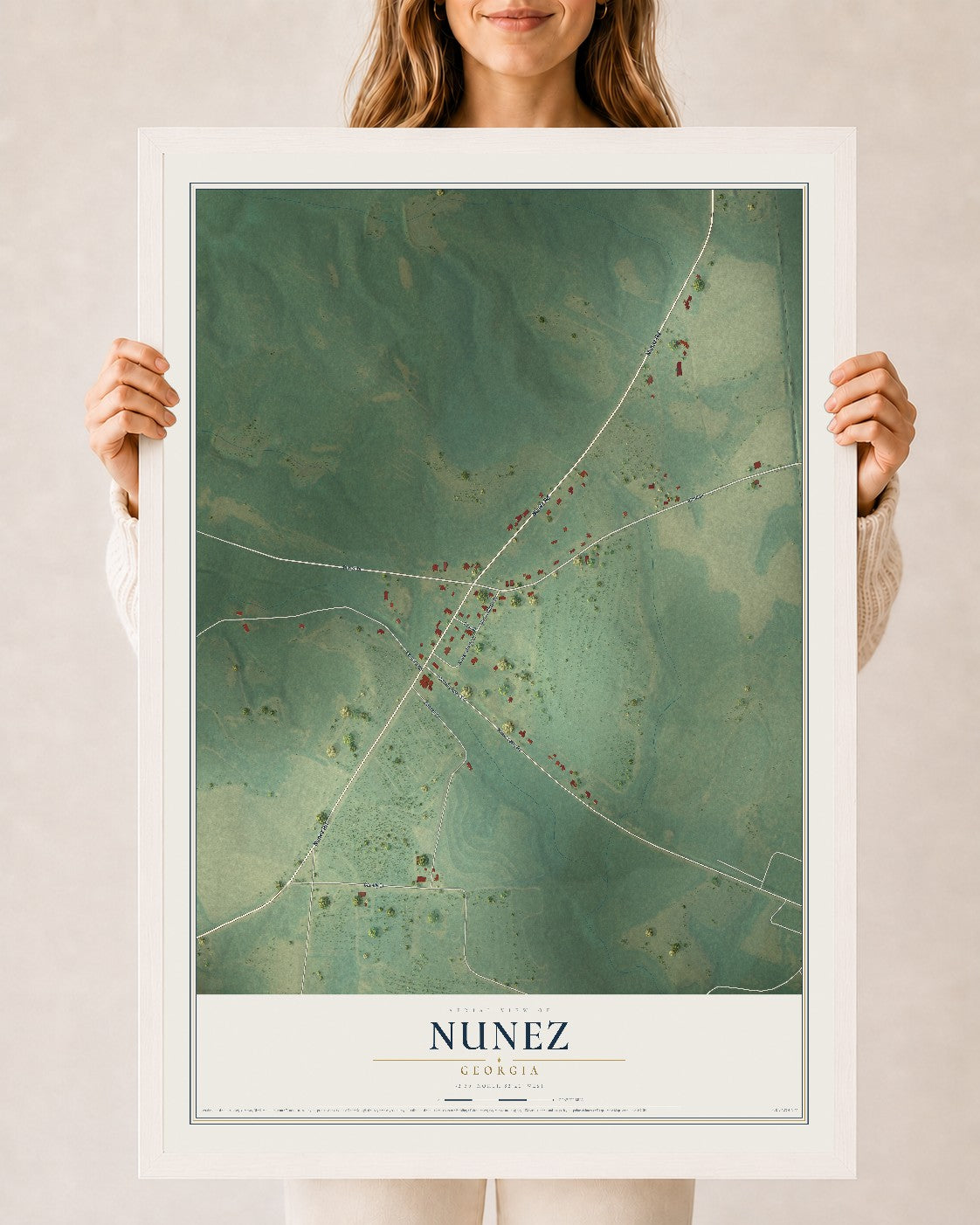 Nunez, Georgia map print, 24" x 36" W/ White Ayous Wood Frame mockup