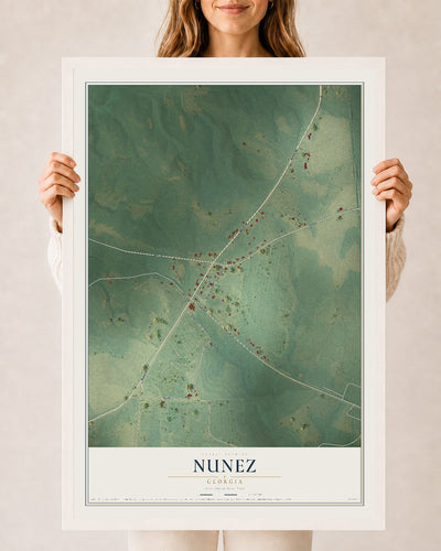 Nunez, Georgia map print, 24" x 36" W/ White Ayous Wood Frame mockup