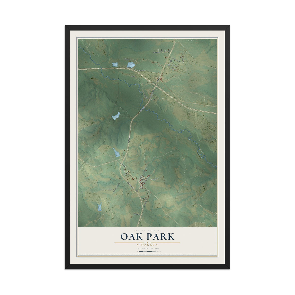 Oak Park, Georgia map print, 12" x 18" W/ Black Ayous Wood Frame mockup
