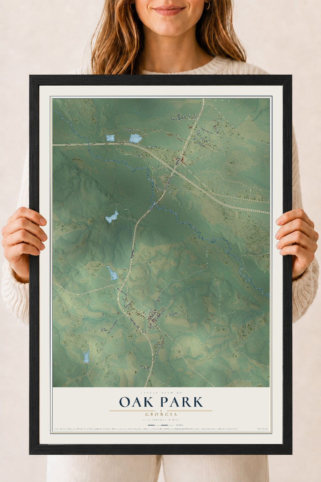 Oak Park, Georgia map print, 18" x 24" W/ Black Ayous Wood Frame mockup