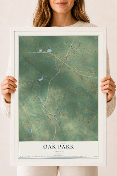 Oak Park, Georgia map print, 18" x 24" W/ White Ayous Wood Frame mockup