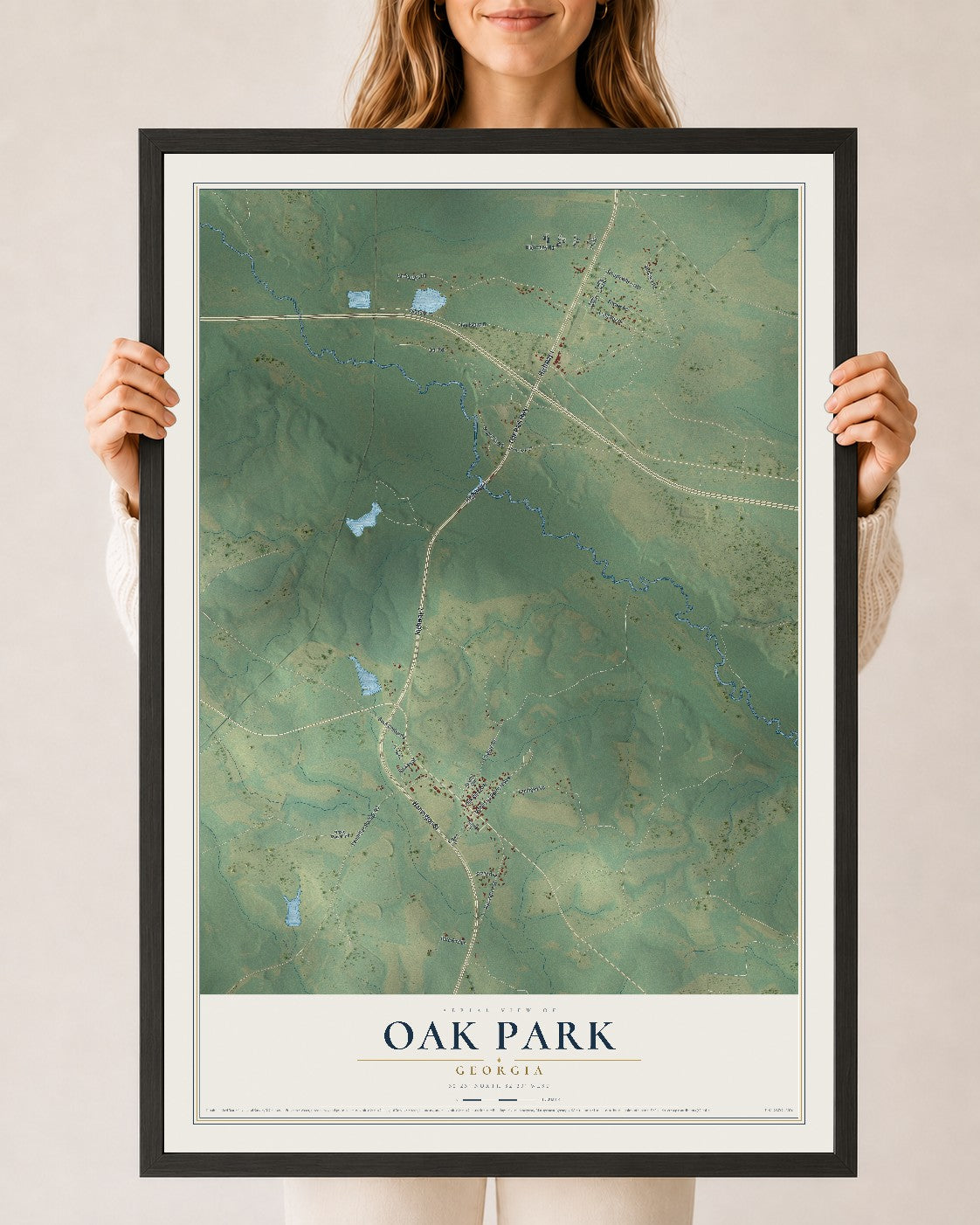 Oak Park, Georgia map print, 24" x 36" W/ Black Ayous Wood Frame mockup