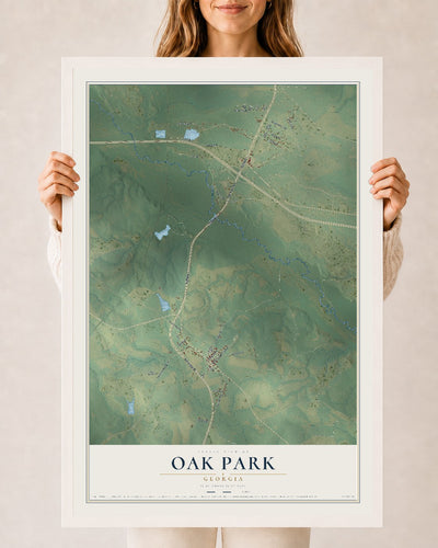 Oak Park, Georgia map print, 24" x 36" W/ White Ayous Wood Frame mockup