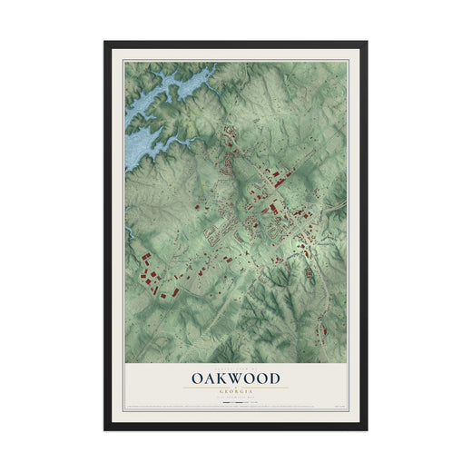 Map of Oakwood, Georgia, 12 x 18 inch print in a black wood frame