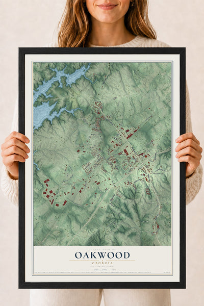 Oakwood, Georgia map print, 18" x 24" W/ Black Ayous Wood Frame mockup