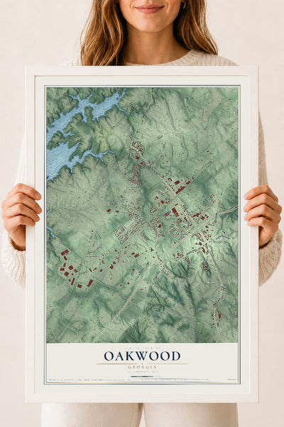 Oakwood, Georgia map print, 18" x 24" W/ White Ayous Wood Frame mockup