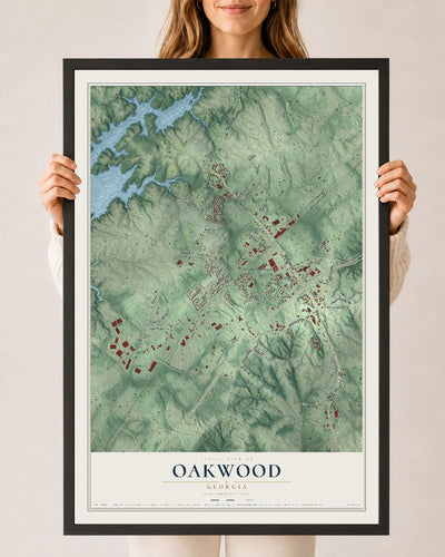 Oakwood, Georgia map print, 24" x 36" W/ Black Ayous Wood Frame mockup