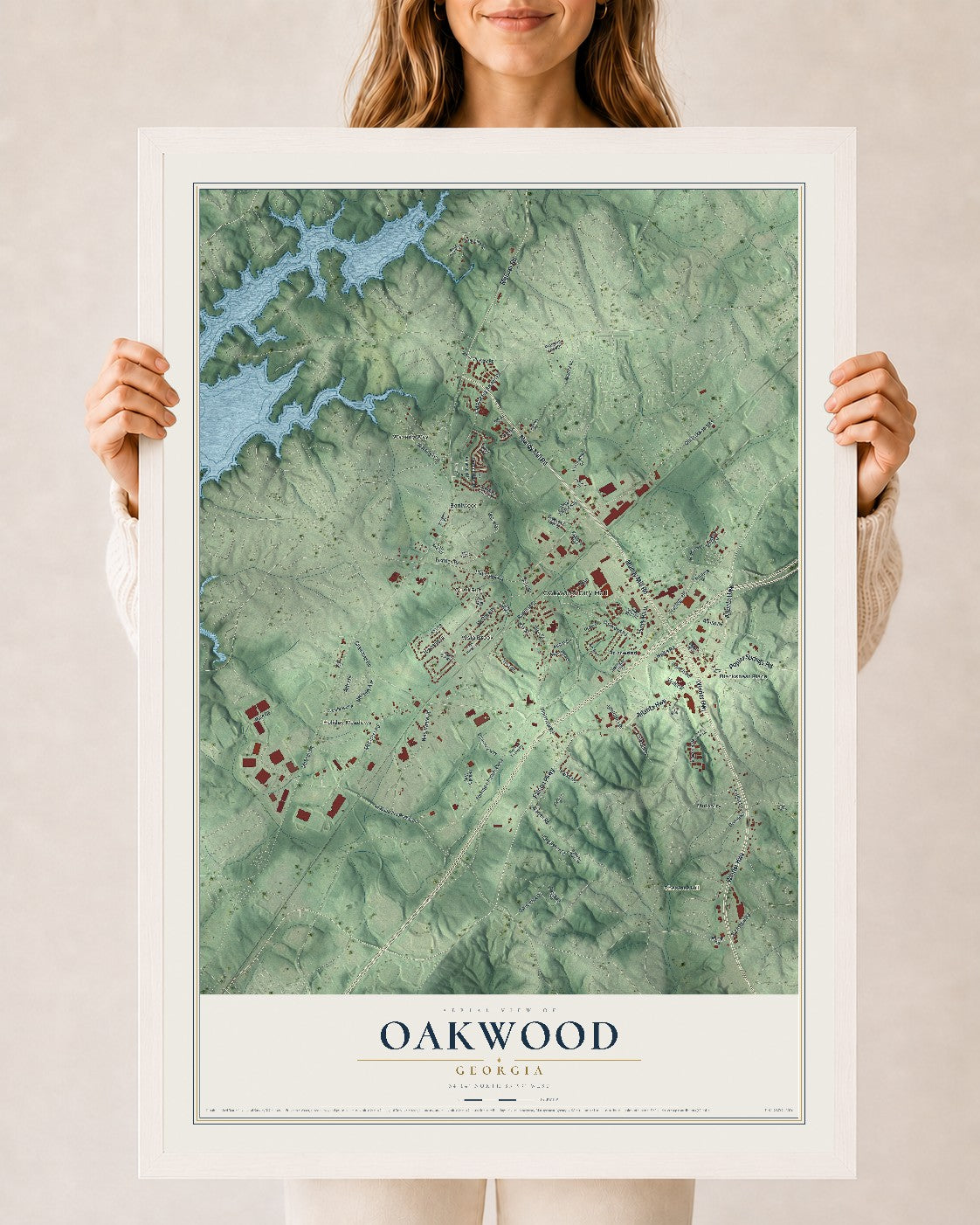 Oakwood, Georgia map print, 24" x 36" W/ White Ayous Wood Frame mockup