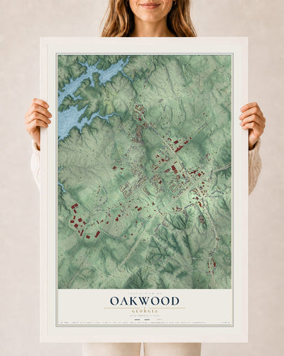 Oakwood, Georgia map print, 24" x 36" W/ White Ayous Wood Frame mockup