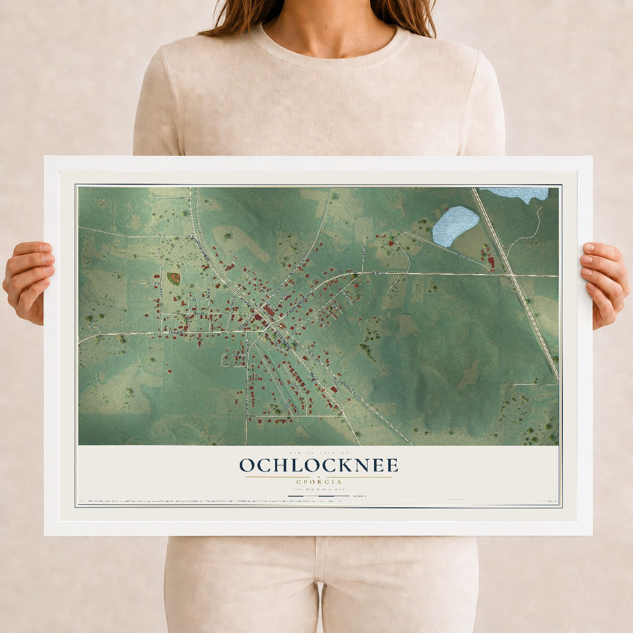 Ochlocknee, Georgia map print, 12" x 18" W/ White Ayous Wood Frame mockup