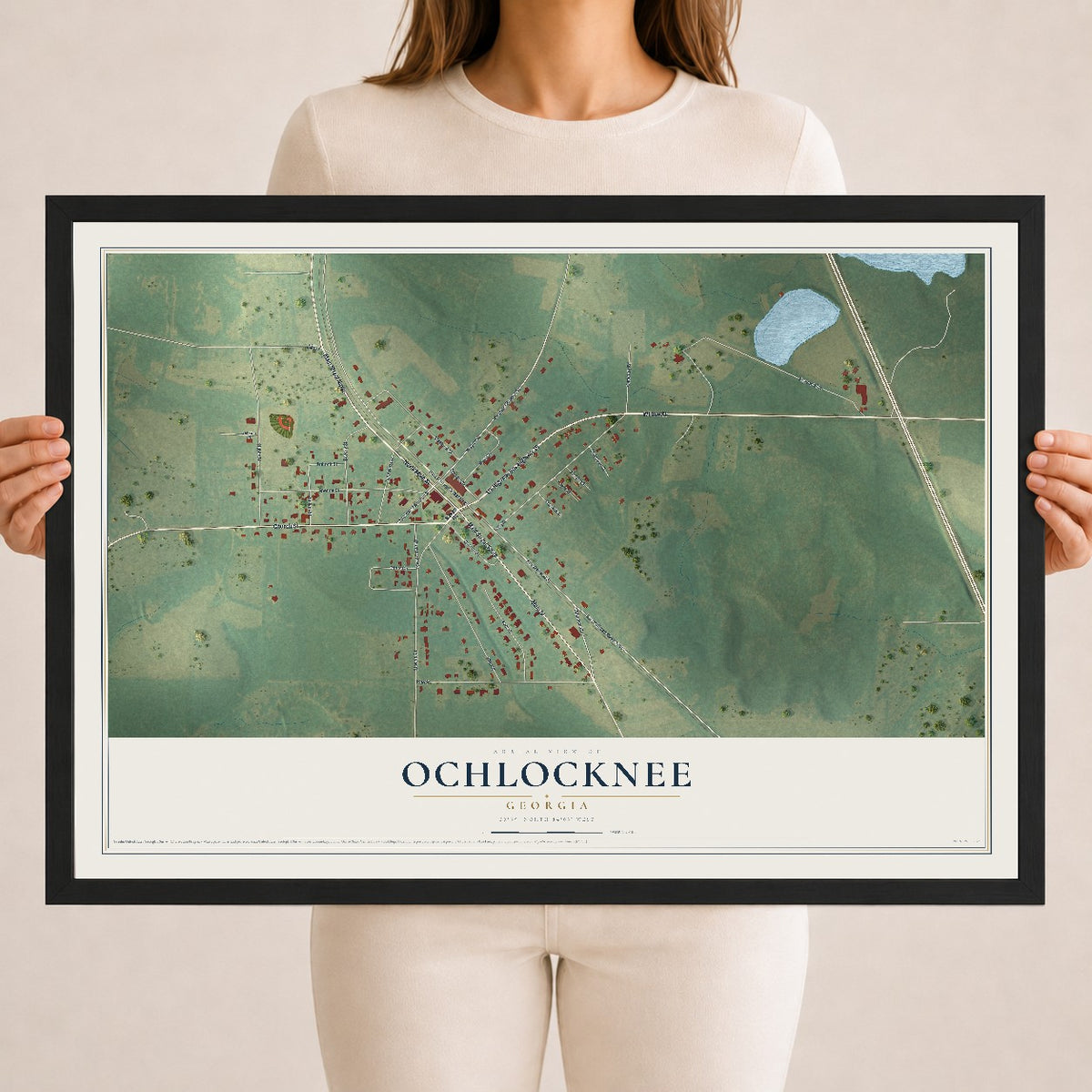 Ochlocknee, Georgia map print, 18" x 24" W/ Black Ayous Wood Frame mockup