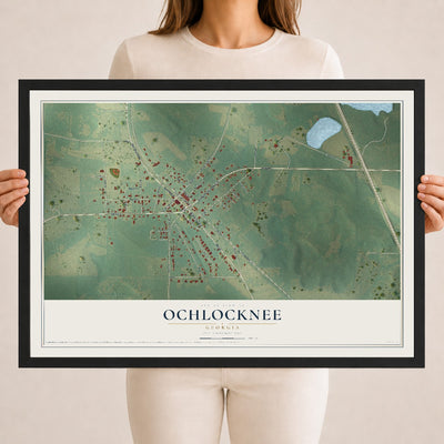 Ochlocknee, Georgia map print, 18" x 24" W/ Black Ayous Wood Frame mockup