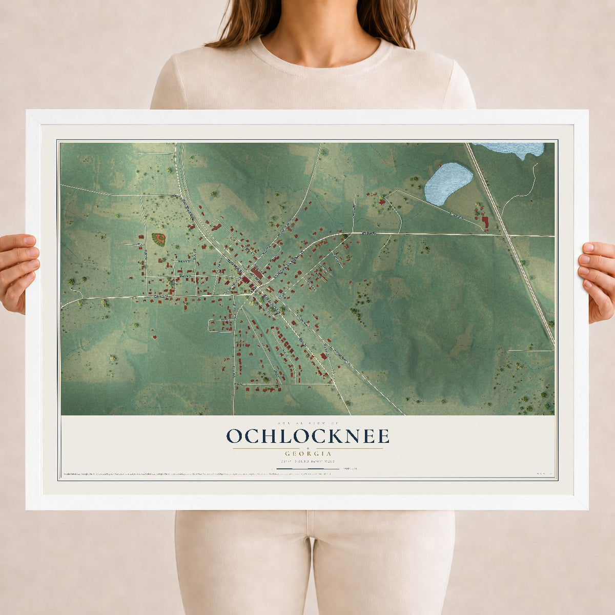 Ochlocknee, Georgia map print, 18" x 24" W/ White Ayous Wood Frame mockup
