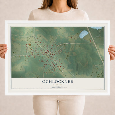 Ochlocknee, Georgia map print, 18" x 24" W/ White Ayous Wood Frame mockup