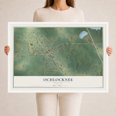 Ochlocknee, Georgia map print, 24" x 36" W/ White Ayous Wood Frame mockup