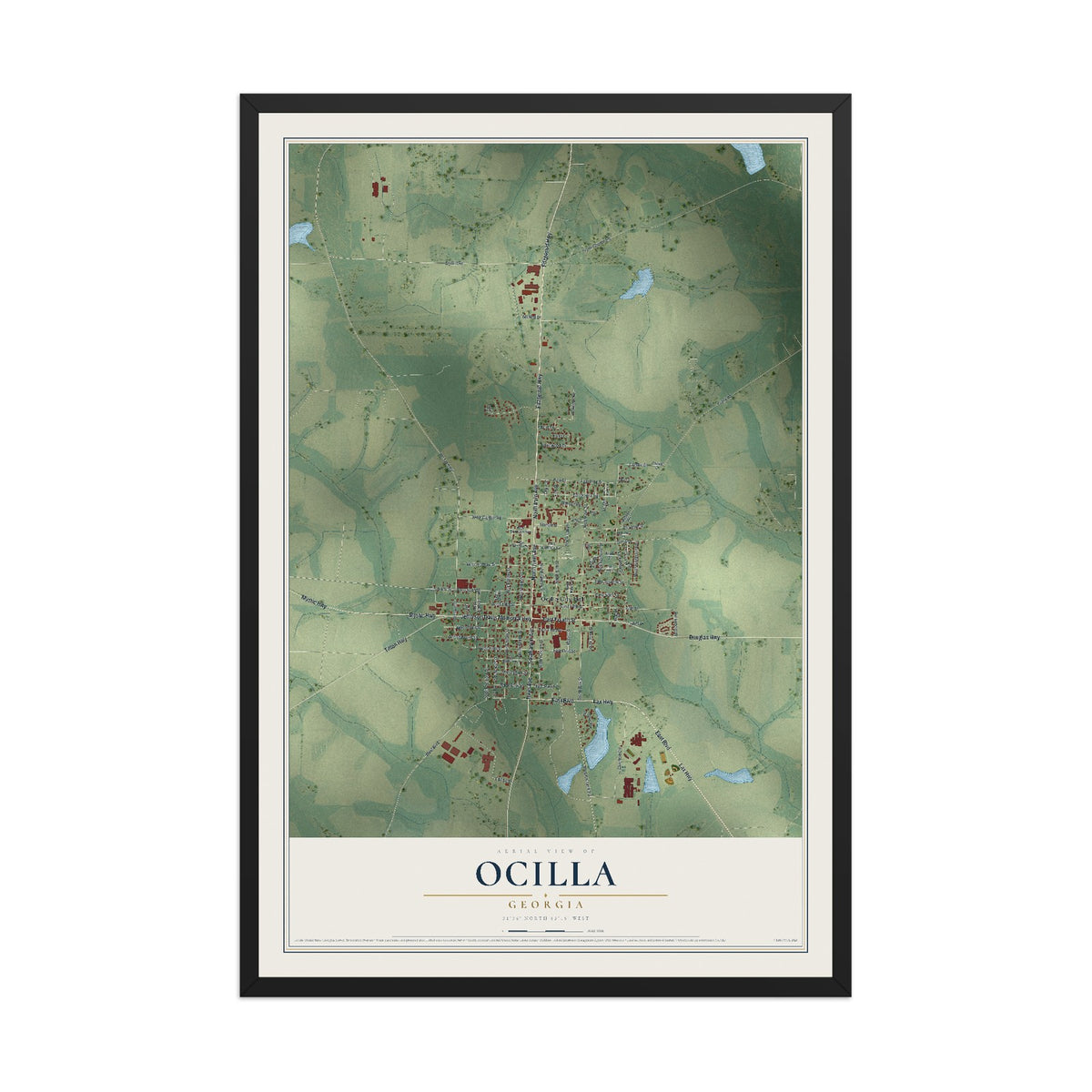 Ocilla, Georgia map print, 12" x 18" W/ Black Ayous Wood Frame mockup