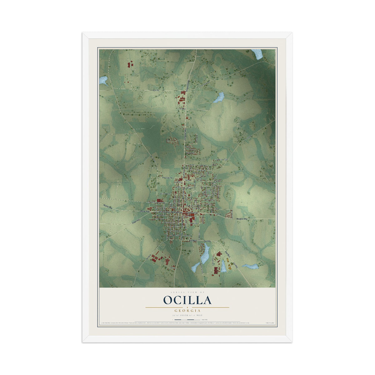 Ocilla, Georgia map print, 12" x 18" W/ White Ayous Wood Frame mockup