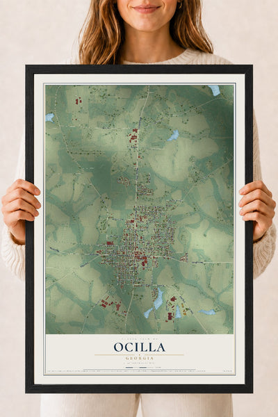 Ocilla, Georgia map print, 18" x 24" W/ Black Ayous Wood Frame mockup