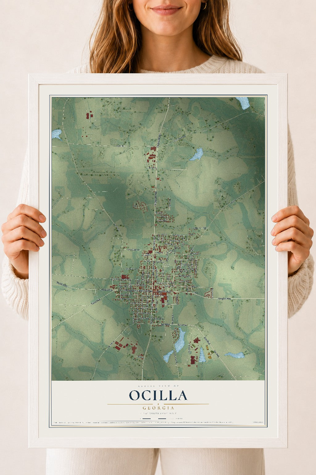 Ocilla, Georgia map print, 18" x 24" W/ White Ayous Wood Frame mockup