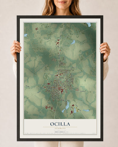 Ocilla, Georgia map print, 24" x 36" W/ Black Ayous Wood Frame mockup