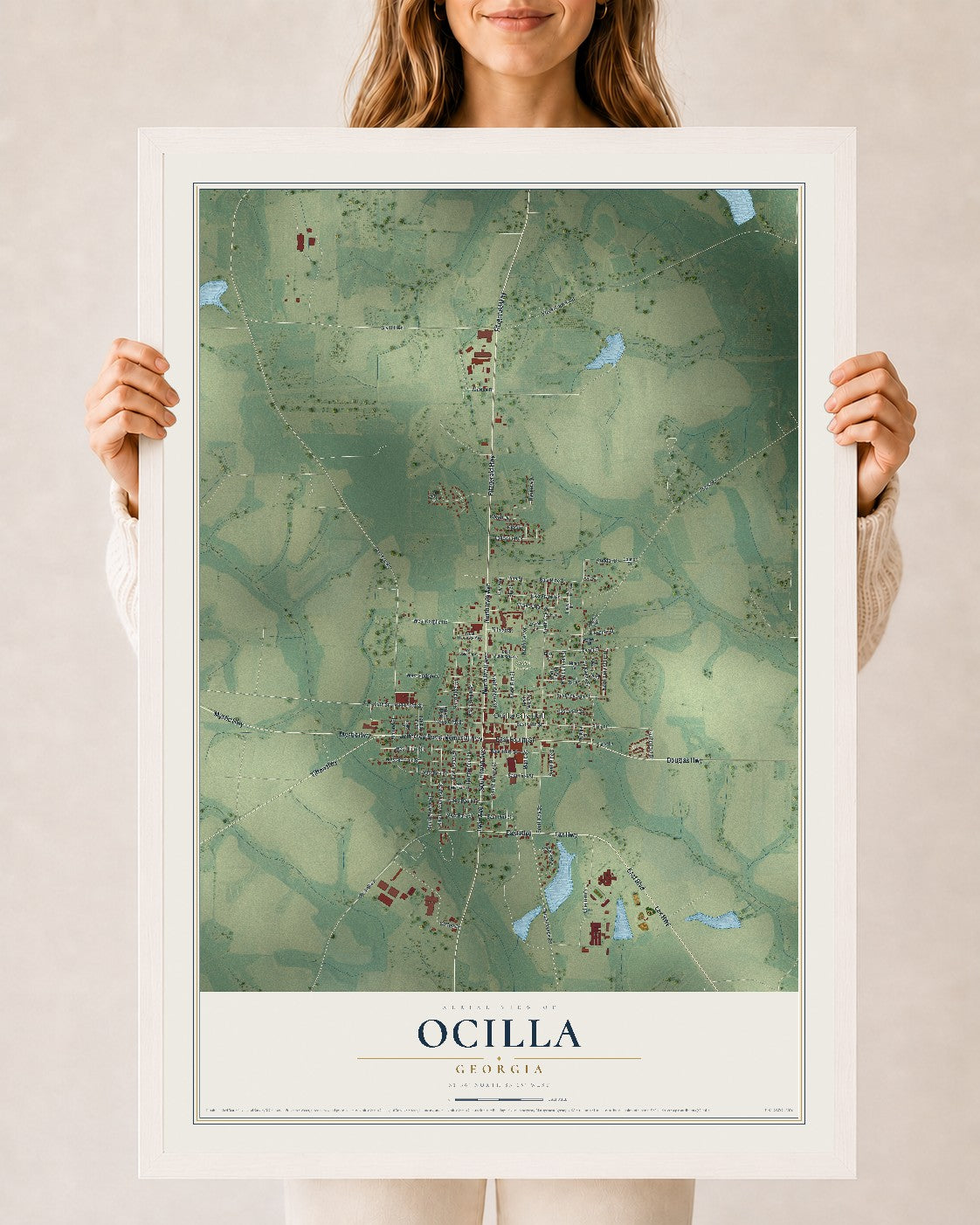 Ocilla, Georgia map print, 24" x 36" W/ White Ayous Wood Frame mockup