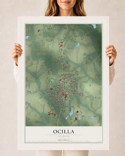 Ocilla, Georgia map print, 24" x 36" W/ White Ayous Wood Frame mockup