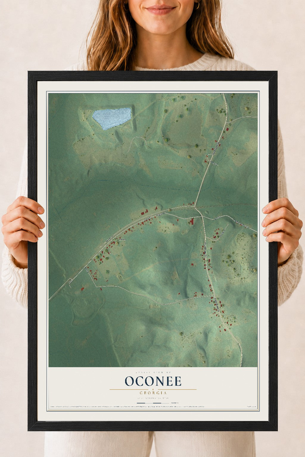 Oconee, Georgia map print, 18" x 24" W/ Black Ayous Wood Frame mockup