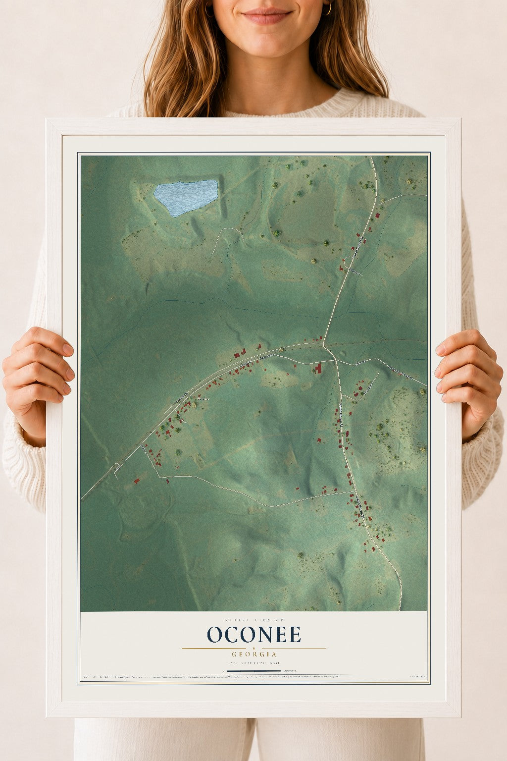 Oconee, Georgia map print, 18" x 24" W/ White Ayous Wood Frame mockup