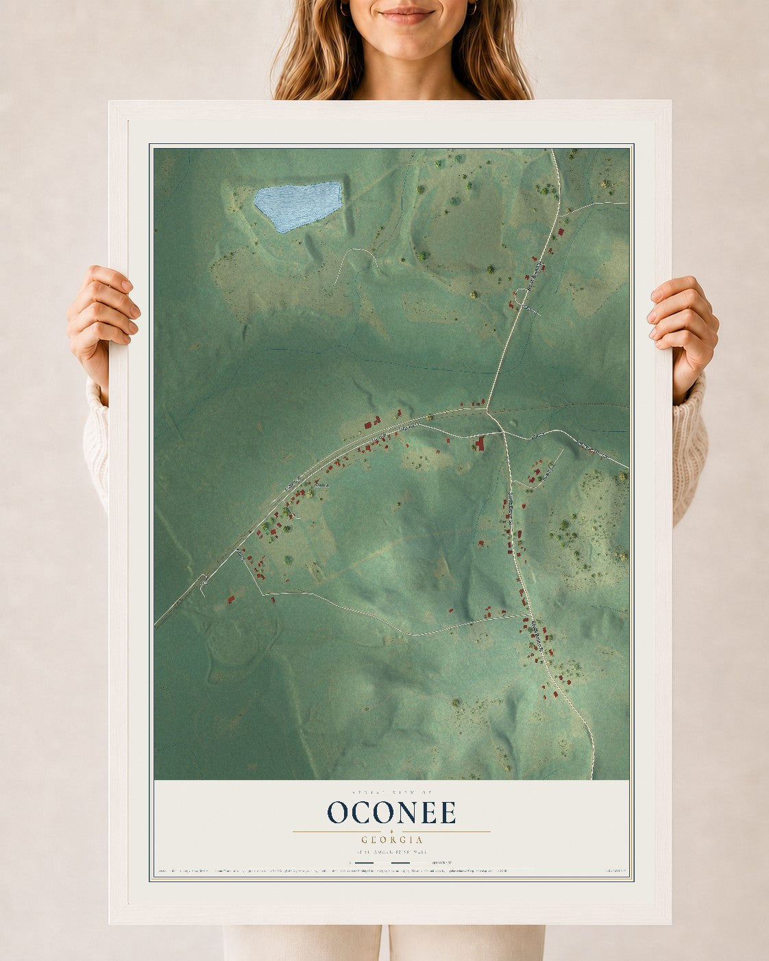 Oconee, Georgia map print, 24" x 36" W/ White Ayous Wood Frame mockup