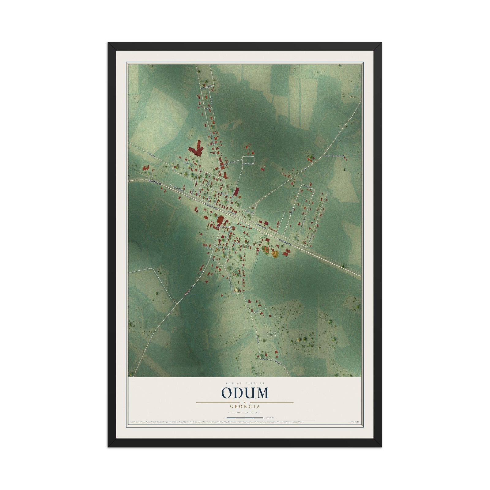 Odum, Georgia map print, 12" x 18" W/ Black Ayous Wood Frame mockup