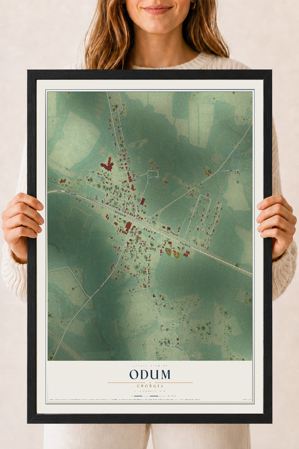 Odum, Georgia map print, 18" x 24" W/ Black Ayous Wood Frame mockup