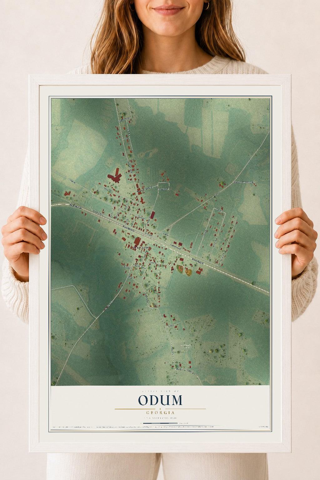 Odum, Georgia map print, 18" x 24" W/ White Ayous Wood Frame mockup
