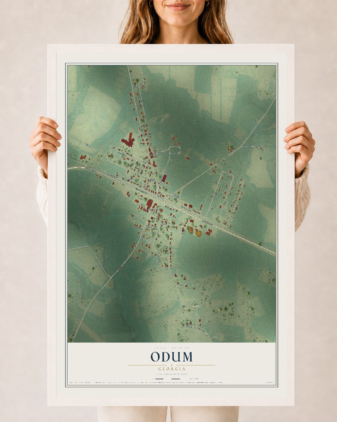 Odum, Georgia map print, 24" x 36" W/ White Ayous Wood Frame mockup
