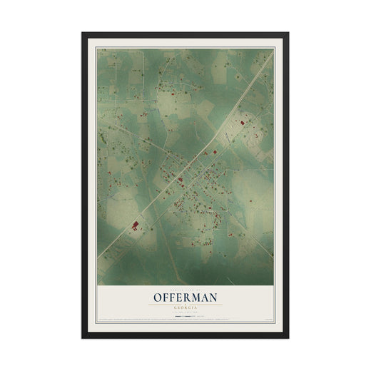 Map of Offerman, Georgia, 12 x 18 inch print in a black wood frame