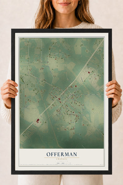 Offerman, Georgia map print, 18" x 24" W/ Black Ayous Wood Frame mockup