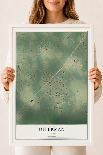 Offerman, Georgia map print, 18" x 24" W/ White Ayous Wood Frame mockup