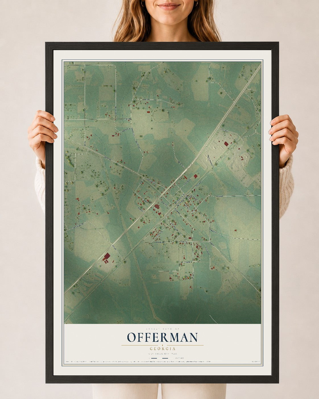 Offerman, Georgia map print, 24" x 36" W/ Black Ayous Wood Frame mockup