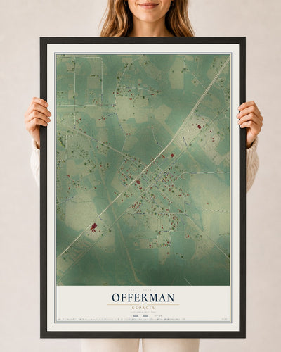 Offerman, Georgia map print, 24" x 36" W/ Black Ayous Wood Frame mockup