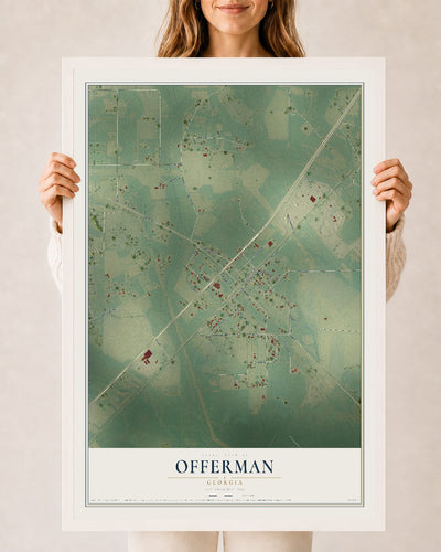 Offerman, Georgia map print, 24" x 36" W/ White Ayous Wood Frame mockup
